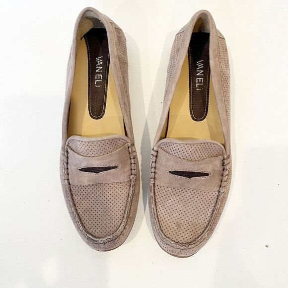 Van Eli Tan Driving Moccasins Size 8 Perforated Penny Loafer Suede - Picture 1 of 10